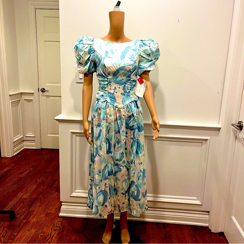 Vintage 80’s puff sleeves big bow pastel bridesmaid prom tea length nwt sz9/10